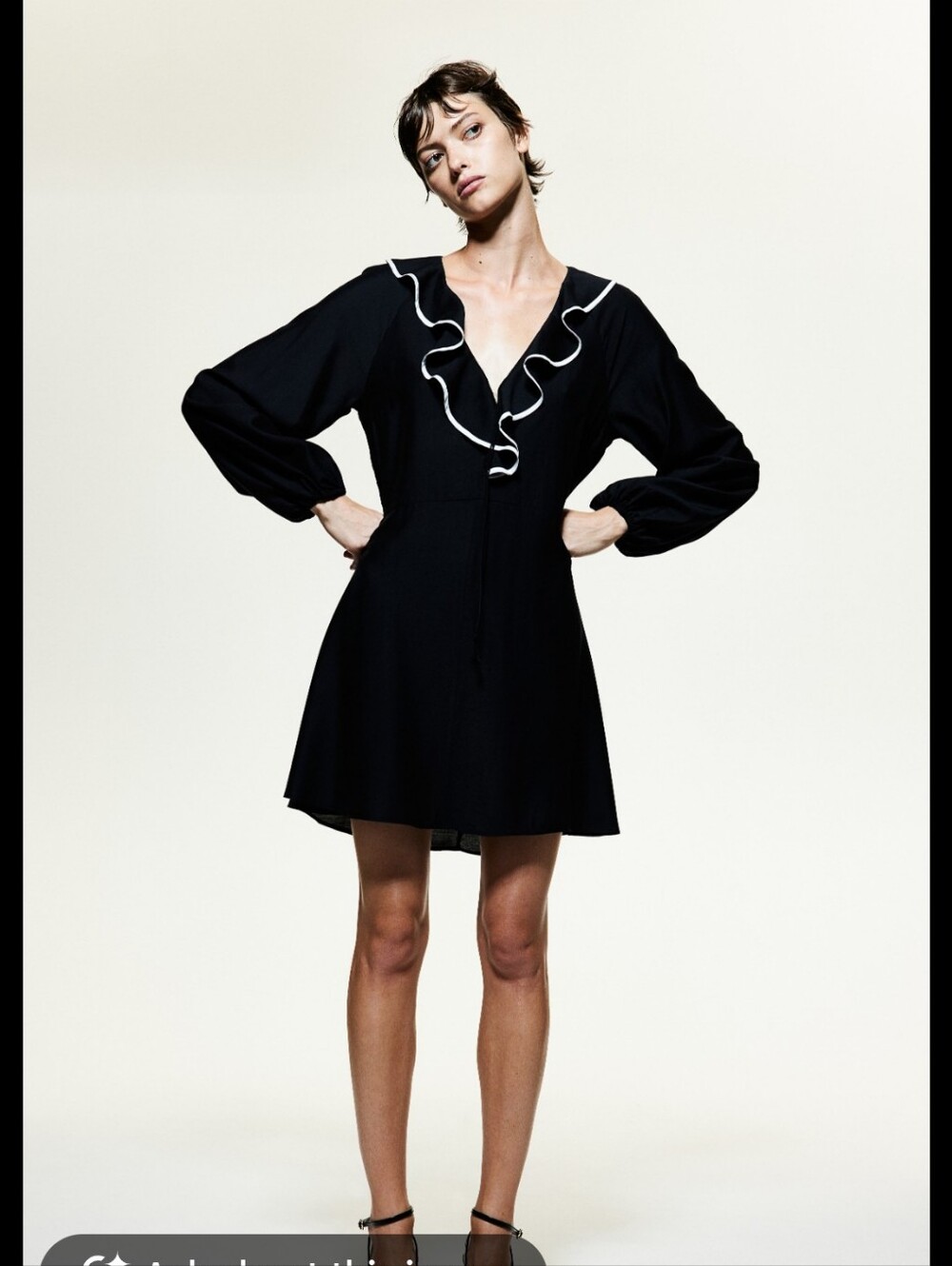 H&M Flounce-Trimmed Black Dress With White Ruffle Trim V-Neck Mini dress